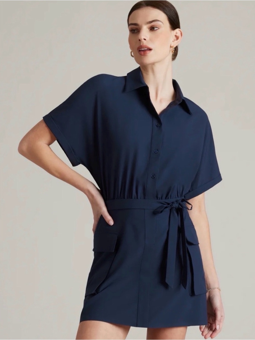 RHONE Navy Blue Short Sleeve Shirt Dress with Tie Waist